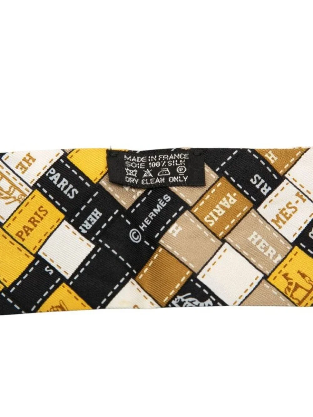 Hermes Twilly Bolduc Scarf Yellow Black Beige Silk